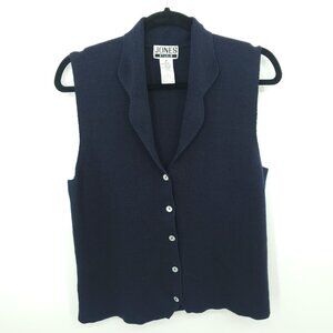 Jones Studio Button Front Sleeveless Collared Knit Top M Navy Blue